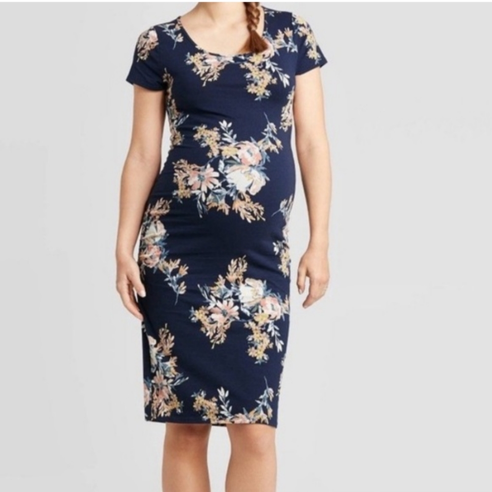 Isabel Navy Blue Floral Midi Maternity Dress Spring Summer Casual Party Medium